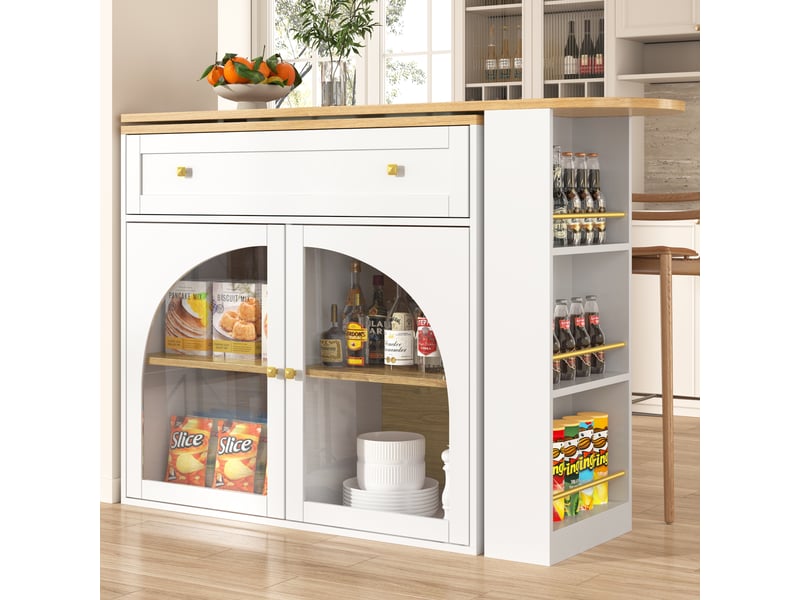  Table extensible avec étagères latérales, portes en verre et plateau pivotant pour cuisine en mdf 138×39×104 cm blanc  - Conforama C