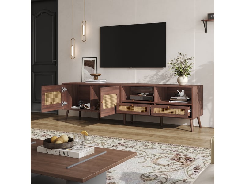  Meuble tv moderne en rotin - 200x37x49.5 cm - pour téléviseur 80 pouces - 2 portes en rotin - 2 tiroirs - 8 pieds  - Conforama R