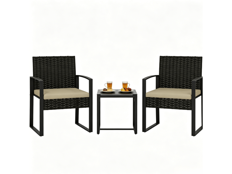 Salon de jardin bistro 2 places avec table carrée, 2 fauteuils et coussins, noir et kaki - Conforama A