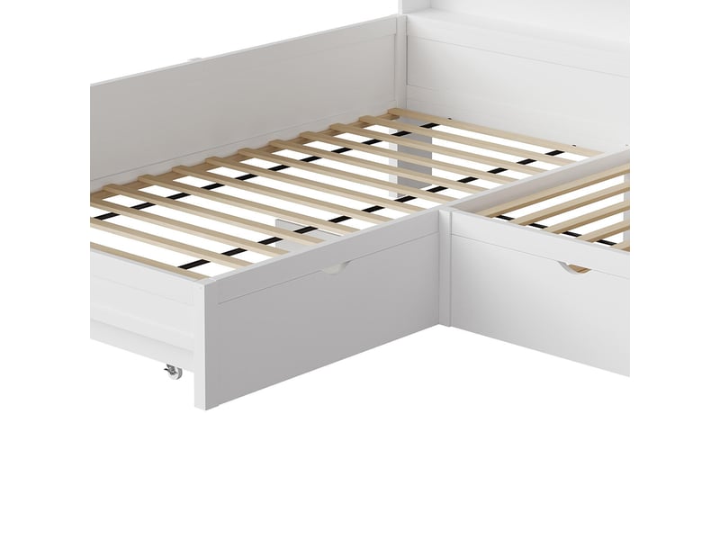 Lit combiné bois 90x200 forme l lit gigogne tiroir blanc  - Conforama D