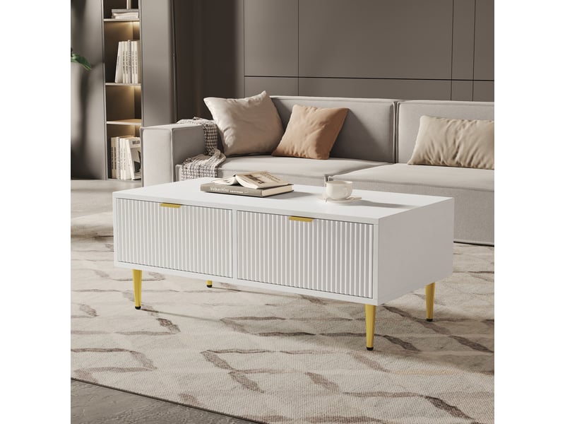  Table basse blanche et or avec 2 tiroirs 100x50x40 cm - design à rayures verticales  - Conforama E