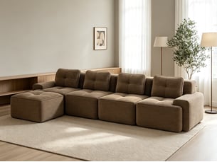 Canapé modulable 4 places avec méridienne, revêtement côtelé et maintien antidérapant, 69 × 382 × 177 cm, marron