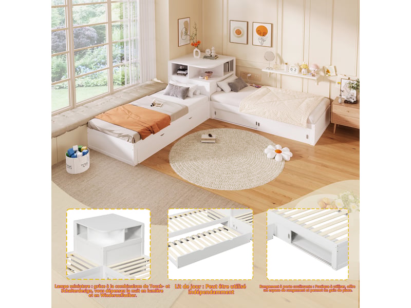  Lit gigogne simple 90×200 cm avec rangement coulissant et veilleuse led - okmyhome- blanc, sans matelas  - Conforama E