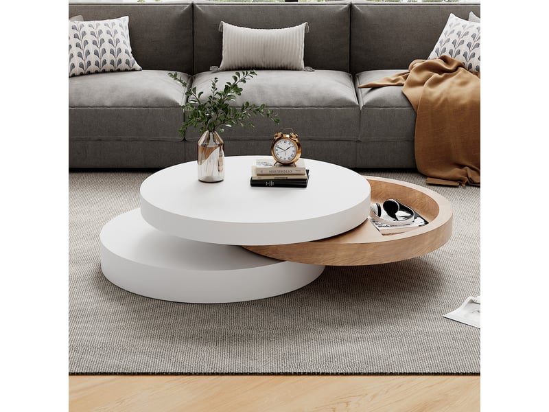  Table basse pivotante 360° table de salon ronde 3 niveaux avec rangement caché extensible 88 cm blanc et bois  - Conforama D
