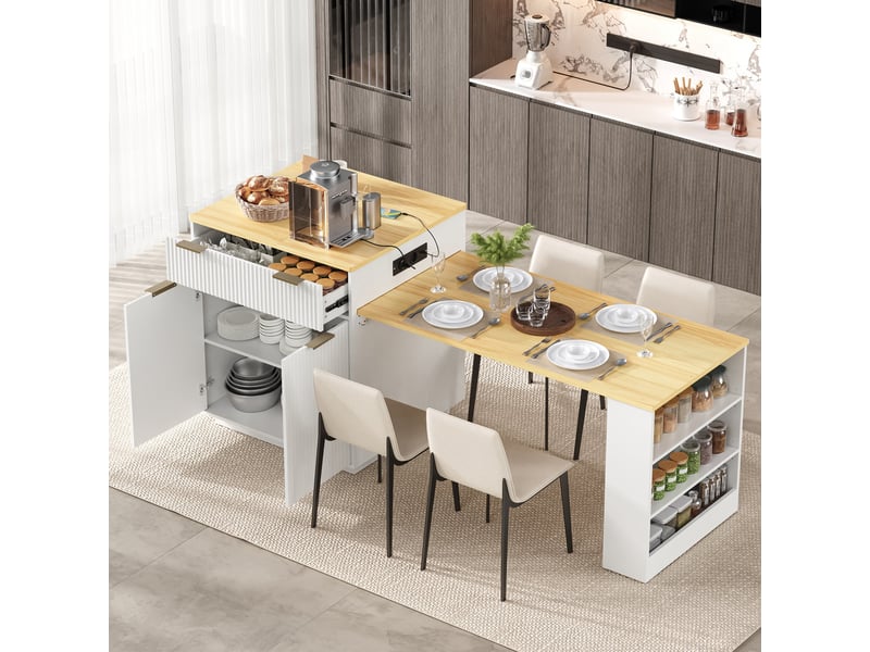  Îlot de cuisine à roulettes avec table extensible, led, étagères réglables, prises et tiroirs, blanc Jamama eleni - Conforama E