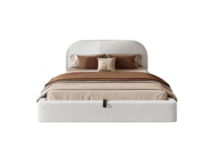  Lit coffre 180x200 cm, lit adulte avec sommier à lattes, tissu bouclé beige, avec matelas  - Conforama A