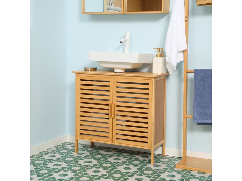  Meuble sous lavabo salle de bain en bambou meuble sous vasque 2 portes 66 x 29 x 61,5 cm  - Conforama D