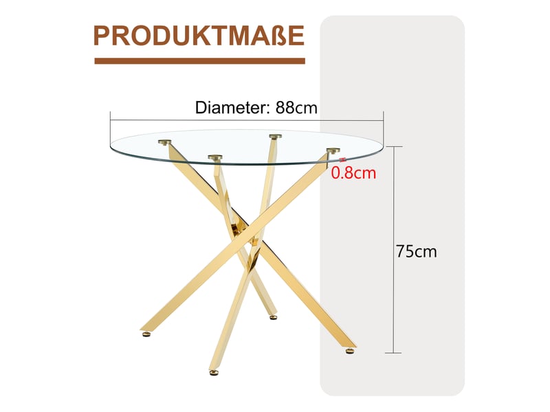  Table de salle à manger pour 2 à 4 personnes avec plateau en verre trempé, piètement métal doré, diamètre 88 × 75 cm  - Conforama E