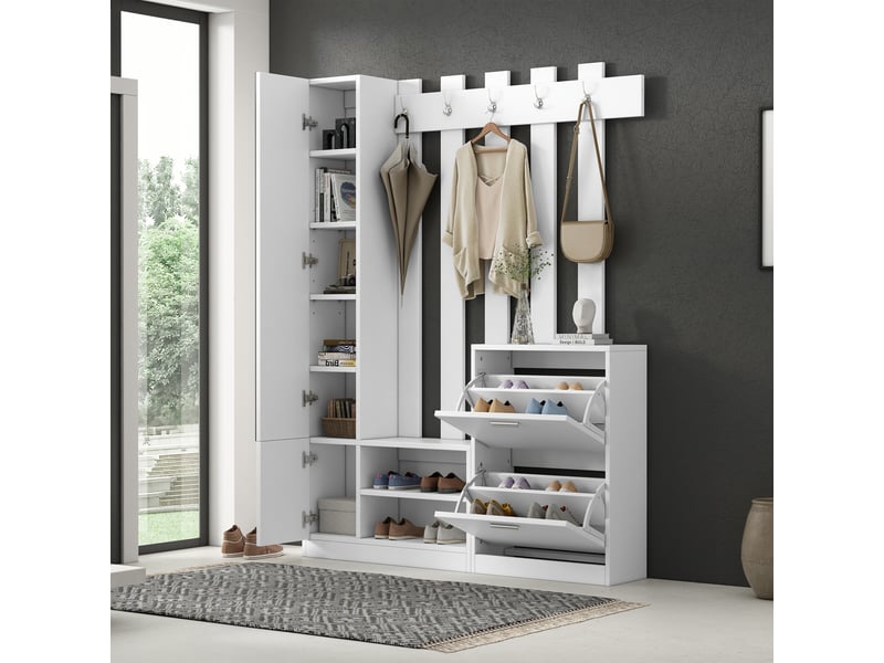  Vestiaire d'entrée compact, meuble d'entrée avec meuble à chaussures et miroir de couloir, portemanteau mural gain de place 135x25x180cm, blanc  - Conforama R