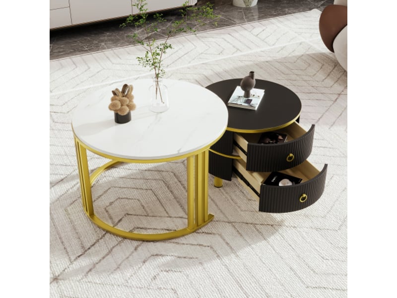 Table basse moderne ronde 2 en 1 mdf | plateau brillant et plateau marbre blanc, ensemble de 2 tables - Conforama B