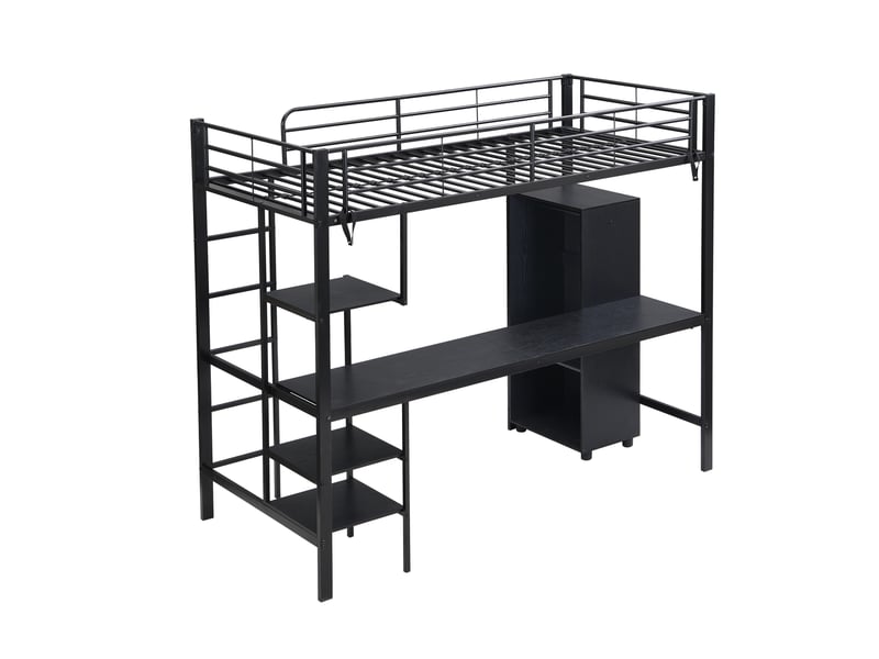 Lit mezzanine enfant 90x200 cm – noir – bureau, armoire, étagères et rangements intégrés – sans matelas - Conforama D