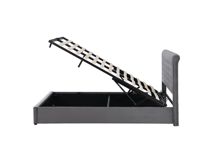  Lit coffre 140x190 cm avec levier hydraulique, rangement, velours gris, sommier inclus, sans matelas  - Conforama E