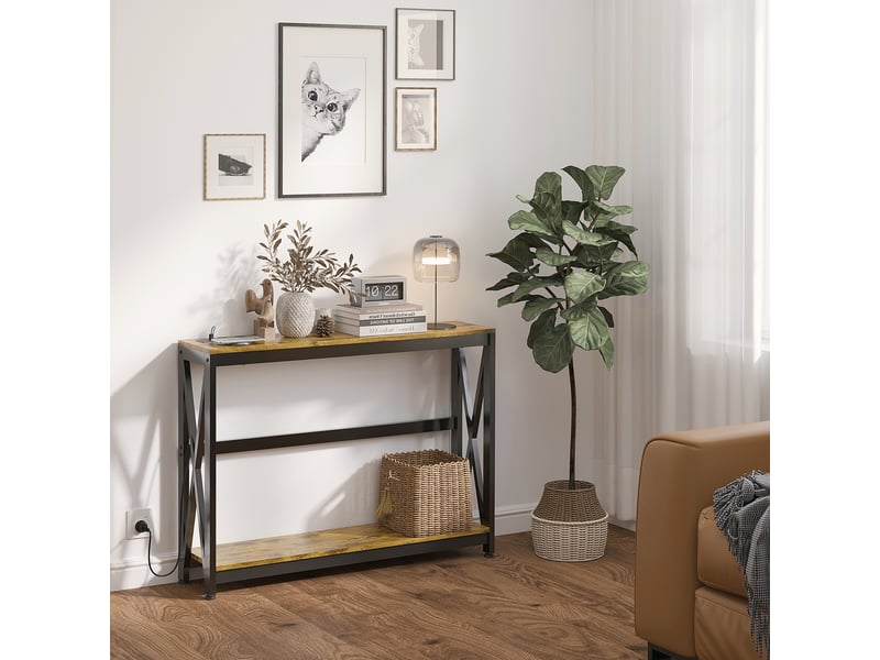  Console meuble étroite à 2 niveaux style industriel avec prises de courant et usb, marron, 100 x 24 x 75 cm  - Conforama D