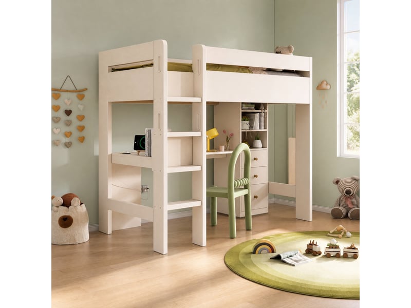 Lit mezzanine enfant 90x200 cm avec bureau en l, rangements et prises usb, blanc - Conforama C