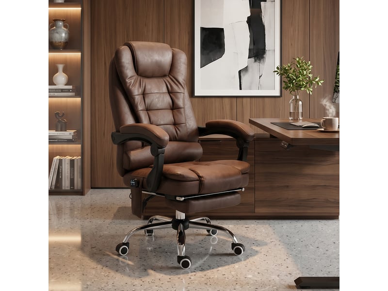  Fauteuil de bureau direction massant chauffant hauteur réglable dossier toile inclinable de microfibre marron  - Conforama D