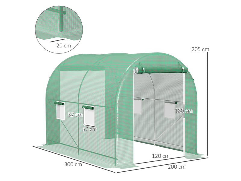  Serre de jardin tunnel surface sol 6 m² châssis tubulaire renforcé porte zippée 4 fenêtres enroulables vert  - Conforama E
