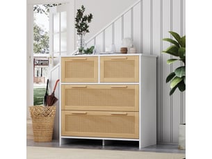 Commode 4 tiroirs cannage rotin - 80x38x80cm - meuble de rangement poignées bois - blanc & naturel