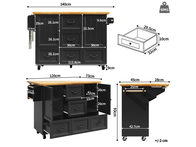  Îlot de cuisine 120x45x93 cm pliant mdf noir  - Conforama E