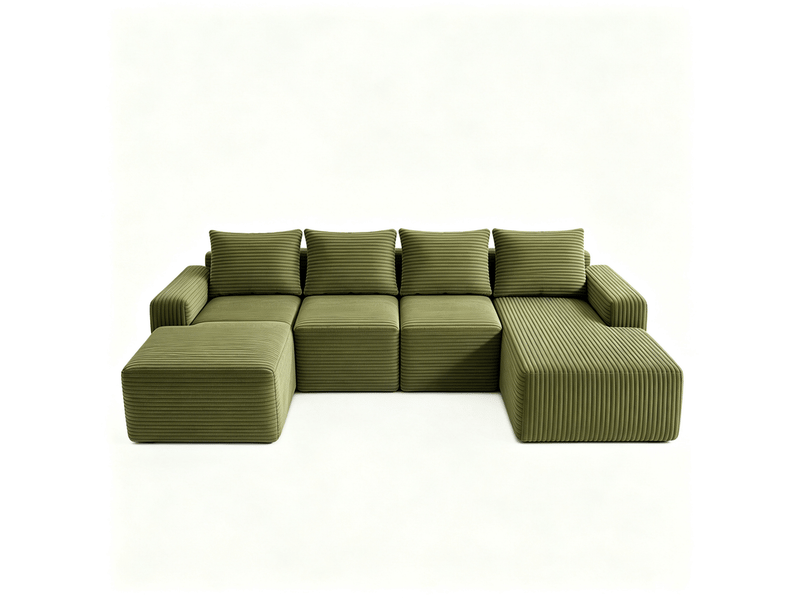  Canapé d'angle modulable 4 places avec méridienne, velours côtelé vert, design moderne pour salon élégant  - Conforama A