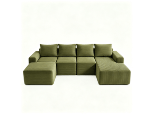 Canapé d'angle modulable 4 places avec méridienne, velours côtelé vert, design moderne pour salon élégant