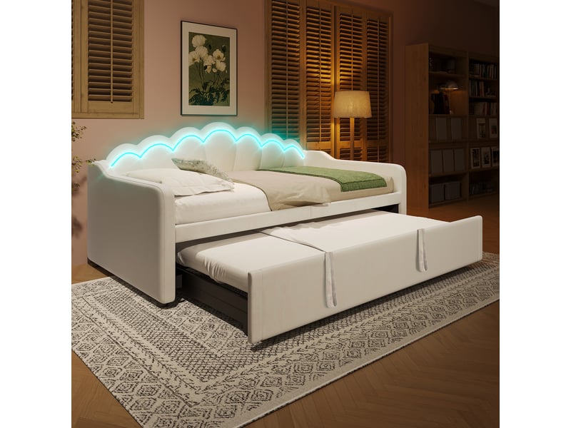 Lit évolutif en velours 90x200 à 180x200 cm avec lit gigogne et éclairage led – sans matelas - Conforama B