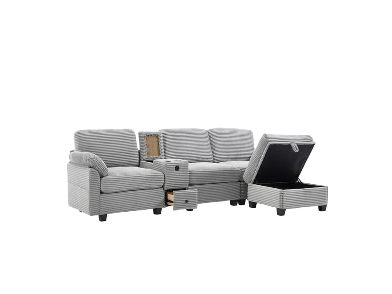  Canapé 3 places gris clair en velours côtelé avec usb-c 266 cm et ottomane de rangement mobile  - Conforama A