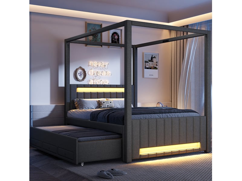  Lit à baldaquin 140 x 200 cm gris avec lit gigogne, 3 tiroirs et éclairage led  - Conforama B