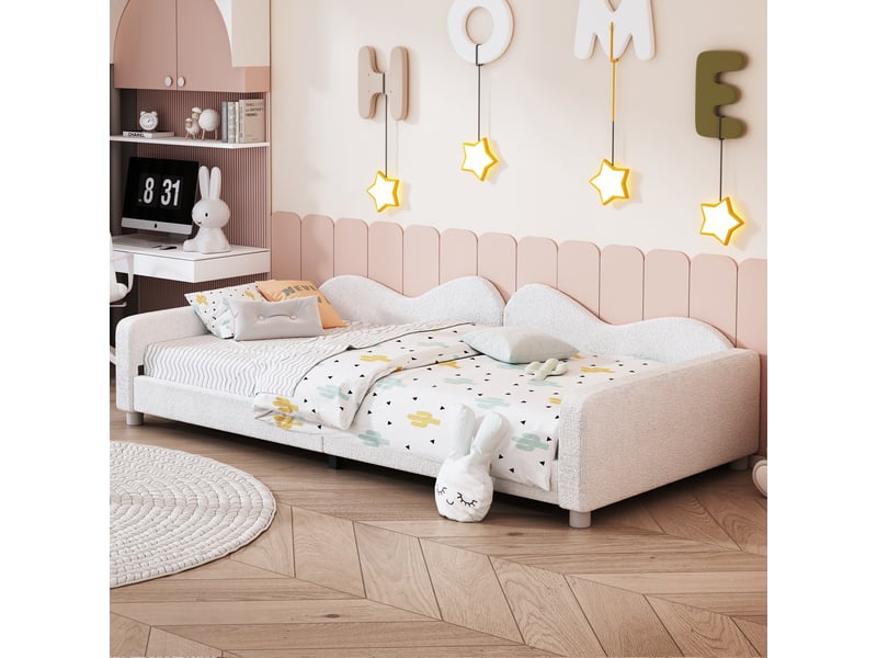 Lit enfant 90x200 capitonné blanc - canapé lit multifonctionnel en tissu bouclette doux  - Conforama R