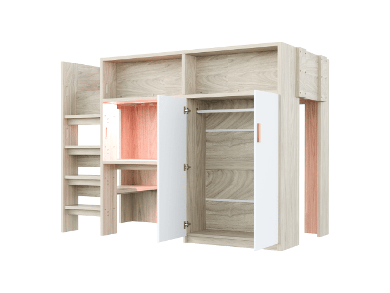 Lit mezzanine multifonction 90x200 cm avec bureau, armoire, étagères, rangements, led et sommier inclus – couleur bois - Conforama A