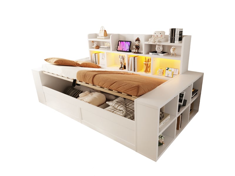  Canapé-lit multifonctionnel 90x200 cm avec rangement hydraulique, led et prises, mdf, coloris blanc, vendu sans matelas  - Conforama A