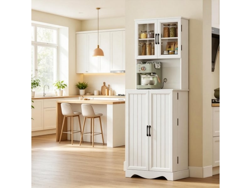  Buffet haut de cuisine 4 portes – 8 porte-épices, plan de travail et étagères réglables, rangement pratique  - Conforama B