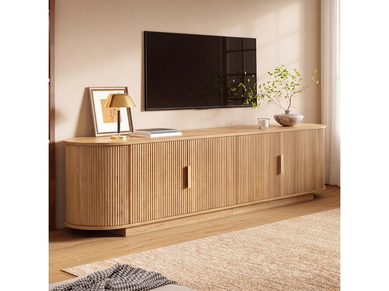  Meuble tv 180 x 35 x 50 cm, façade ondulée, 4 portes avec poignées métal, grand rangement, mdf et aggloméré, naturel Bubbly - Conforama E