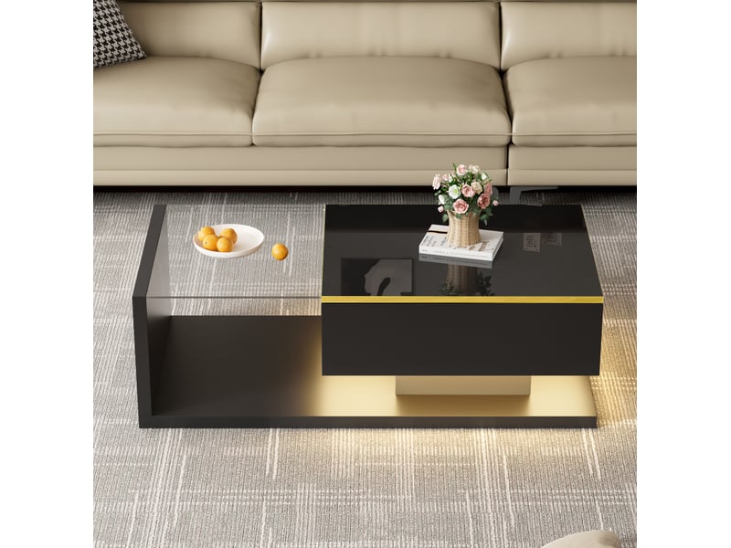  Table basse avec rangement ouvert et led 16 couleurs, en panneaux de particules et verre, noir, 100 × 50 × 32,5 cm  - Conforama C