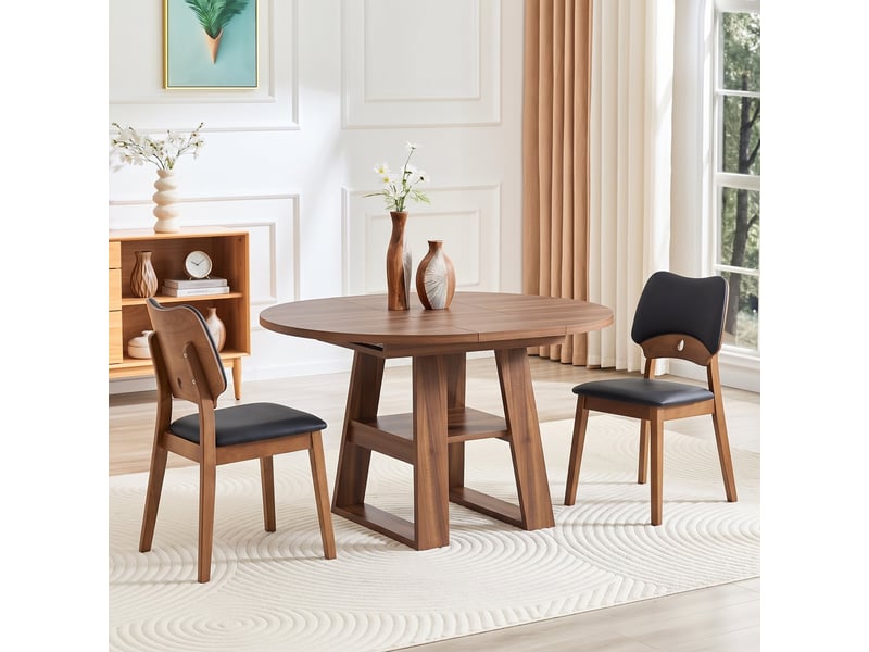  Ensemble table extensible + 4 chaises design, table ronde avec étagères 110150x110 cm, noyer, dossier papillon, assise rembourrée  - Conforama R
