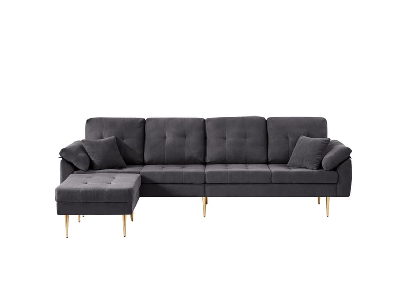Canapé modulaire 4 places avec pouf libre, configuration d'angle et assise rembourrée en velours côtelé gris foncé - Conforama A