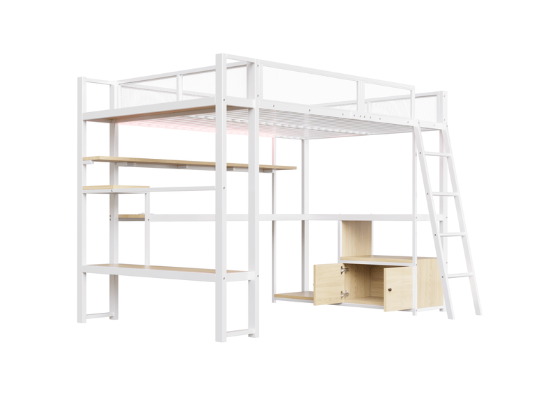  Lit mécanisé métal blanc 140x200 avec bureau intégré, rangements et led - design moderne  - Conforama A