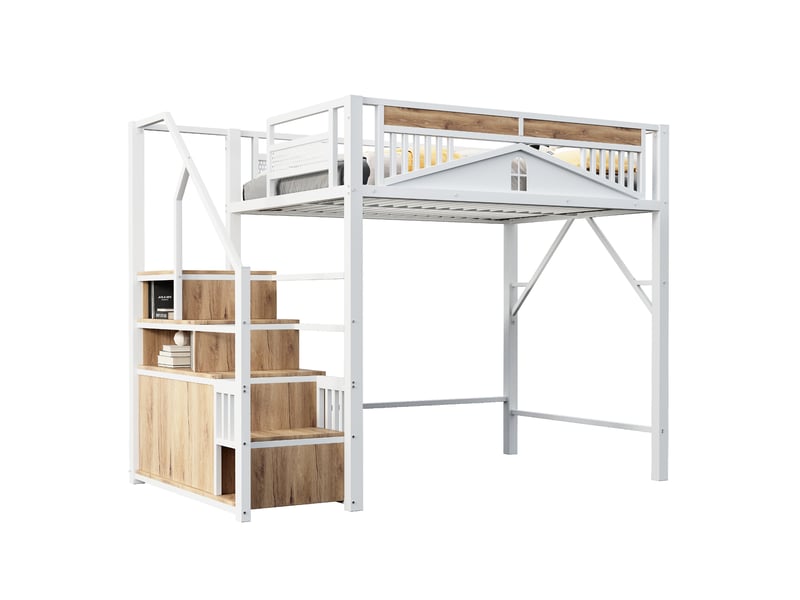  Lit mezzanine enfant 140x200 cm – blanc – escalier avec rangements et garde-corps sécurisé – sans matelas  - Conforama A