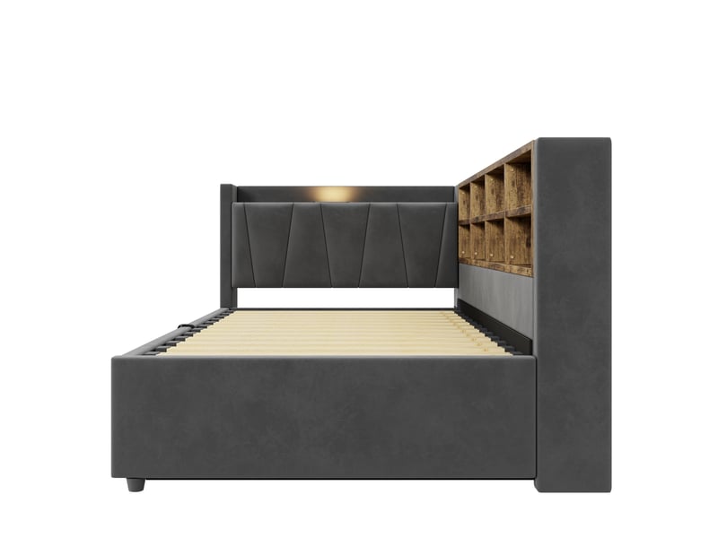 Lit 90x200 cm avec rangement hydraulique, tête de lit fonctionnelle, mdf et métal couleur gris foncé sans matelas  - Conforama E
