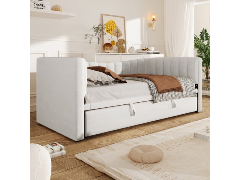 Lit gigogne 90x200 cm, lit enfant avec sommier à lattes, en velours beige, sans matelas - Conforama B