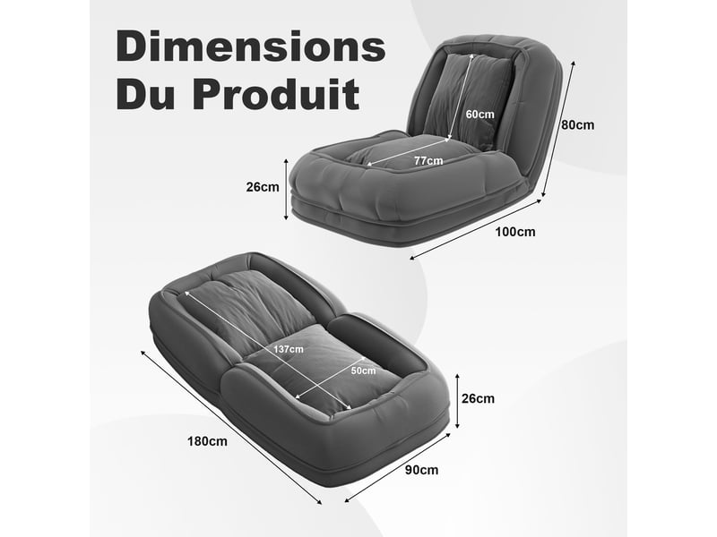  Canapé-lit pliable - gris - tissu+métal - 11.5 kg - 5 positions réglables - peu encombrant - polyvalent 180x90x26cm - Conforama E