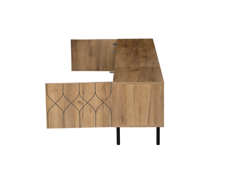  Meuble tv bas en bois naturel et noir, 2 portes, 4 rangements ouverts - 180×40×50 cm, jusqu’à 70 pouces  - Conforama E