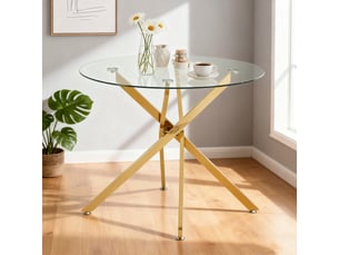 Table à manger ronde 80 cm en verre trempé, pieds métal doré réglables