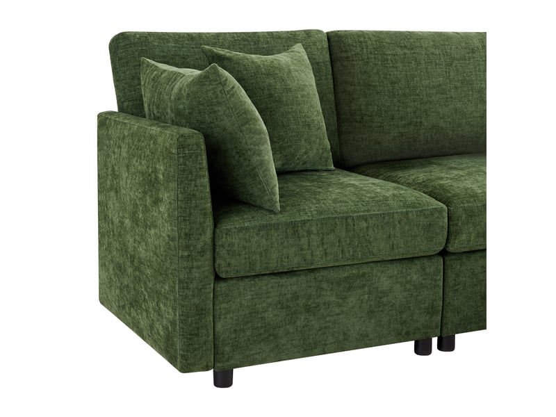  Canapé d’angle en l modulable vert, convertible 3 places, avec pouf mobile et 4 coussins en chenille  - Conforama D