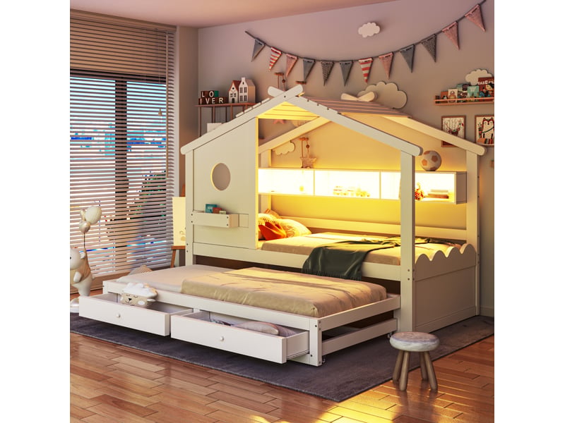  Lit enfant cabane gigogne 90 × 200 cm avec tiroirs, étagères, éclairage led, ports usb et type-c en bois blanc  - Conforama B
