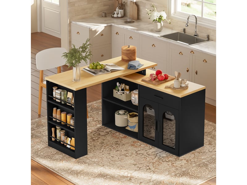  Buffet de cuisine avec 1 tiroir, étagères et plateau pivotant 360° pour cuisine, 136×50×78 cm, noir naturel  - Conforama B