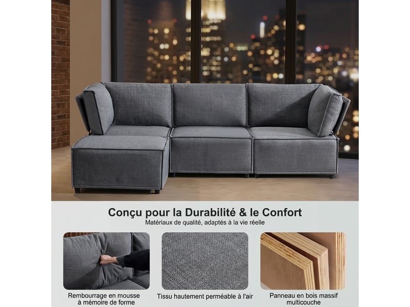 Canapé convertible modulaire 4 places fonction couchage 238 x 154 x 75 cm style minimaliste sans accoudoirs - Conforama D