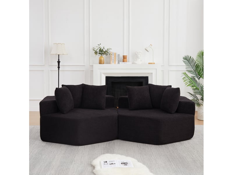  Fauteuil lounge modulable hexagonal modenvie en chenille bouclée noire avec 3 coussins 122 x 138 x 76 cm  - Conforama B