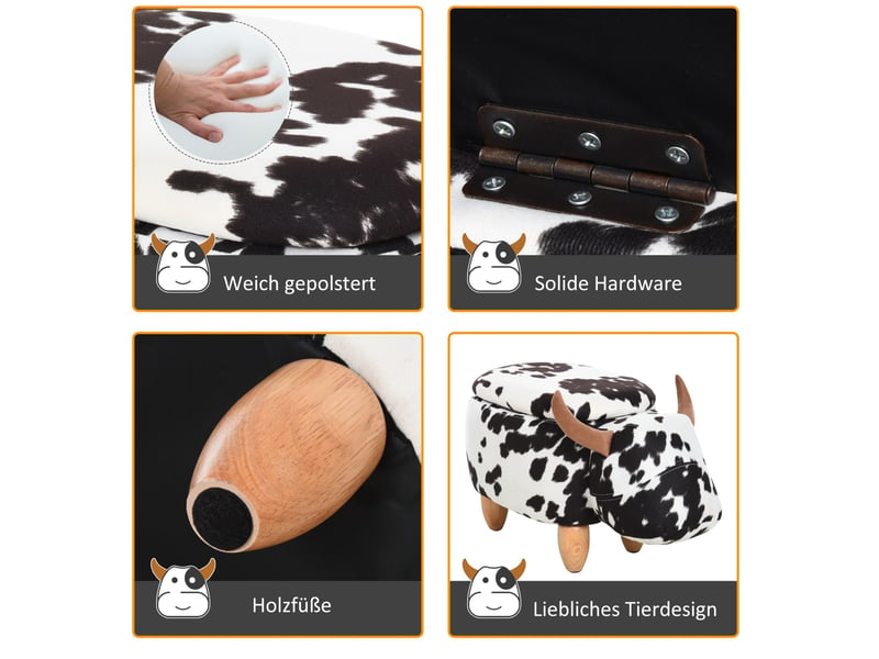  Pouf enfant animal 62x35x36 cm – noir et blanc – rangement intégré et repose-pieds confortable  - Conforama D