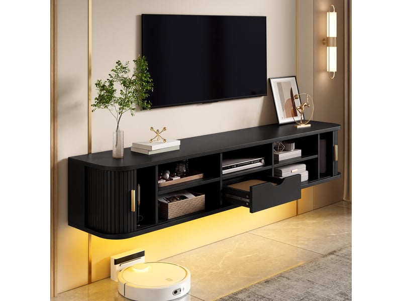  Meuble tv suspendu 175x30x30 cm, meuble télé salon à rainures verticales avec éclairage led inférieur piloté par app, mdf, noir OMNIGLINT TRADING LTD - Conforama E