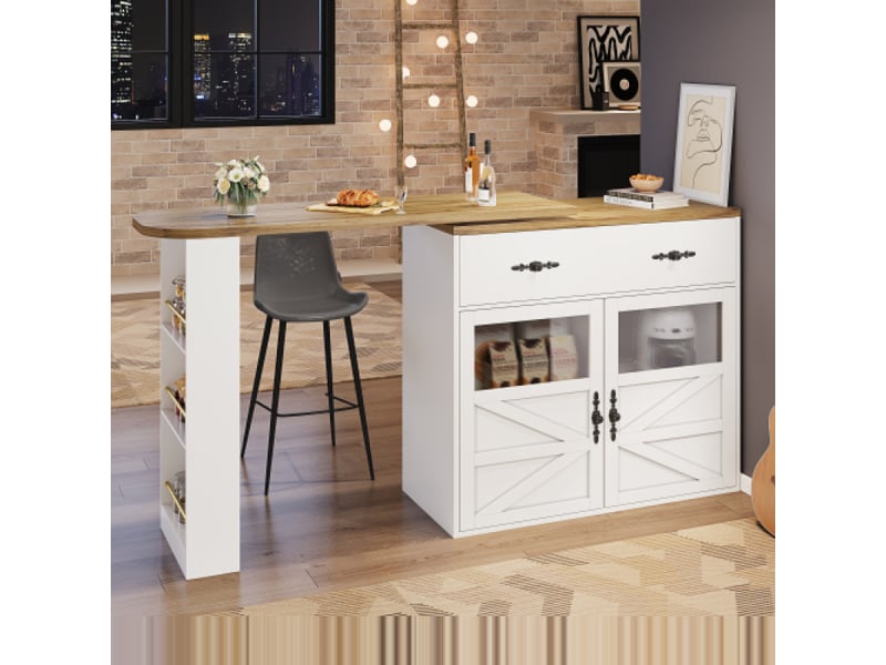 Bahut de cuisine pivotante à 360°, îlot de cuisine mobile design avec rangement, dimensions 138 à 204 x 39 x 104 cm,blanc - Conforama D